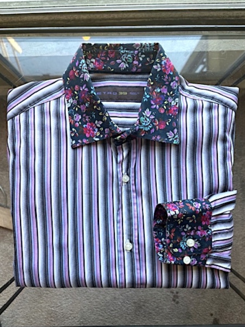ETRO Fitted Long Sleeve Stripe Cotton Shirt w/ Contrasting Collar EUC sz 39=15.5